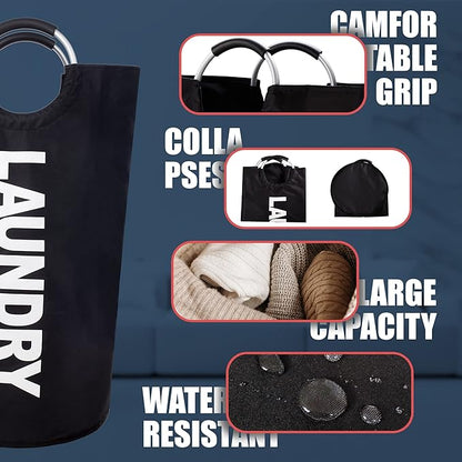 Caroeas 125L Laundry Basket,Large Laundry Hamper, Laundry Bag with Padded Handles, Clothes Hamper Stands Up Well, Collapsible Free Standing Easy Storage Washing Bin (Black,125L)