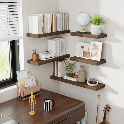 16 Inch Floating Shelves, 8 Inch Deep Floating Shelves for Wall, Hanging Shelf with Invisible Brackets, Deep Shelves for Bathroom, Bedroom, Living Room, Walnut, Set of 2