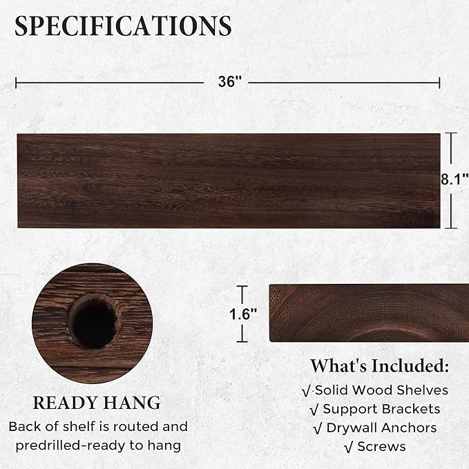 Axeman Floating Shelves, 8 Inch Deep Rustic Solid Wood Wall Shelves for Storage, Wall Mounted Display Shelving with Invisible Heavy-Duty Metal Bracket, 36" W x 8" D x 1.6" H, Rustic Brown