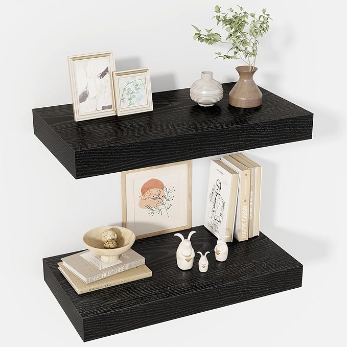 24 Inch Floating Shelves, 12" Deep Floating Shelf Wall Mounted, 24" Wall Shelves, Rustic Deep Bookshelf, Extra Deeper & Thicker Display Shelves for Bedroom, Living Room, Black, Set of 2