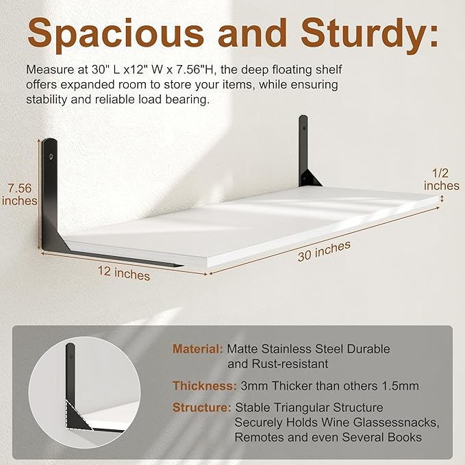 30" W x 12" D White Floating Shelves for Wall, Deep Wall Shelves with Visible Bracket for Books, Plant, Large Deep Bathroom Shelf for Storage & Display, Set of 2
