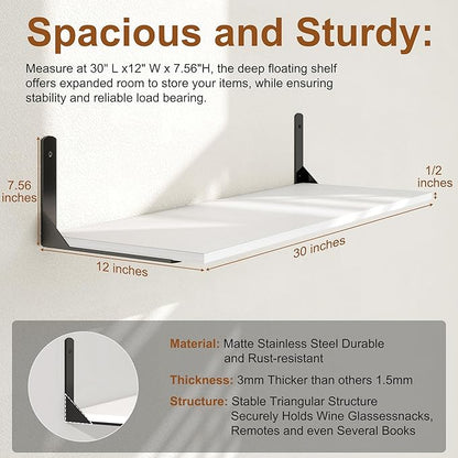 30" W x 12" D White Floating Shelves for Wall, Deep Wall Shelves with Visible Bracket for Books, Plant, Large Deep Bathroom Shelf for Storage & Display, Set of 2