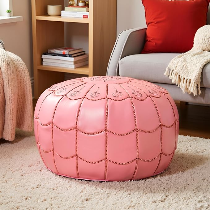 Stuffed Arch Design Moroccan Leather Pouf Ottoman, Handmade, Pre-Filled, 100% Genuine Leather, 14” Height x 22” Diameter – Boho Chic Footstool & Living Room Décor (Pink)