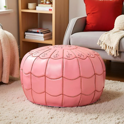 Stuffed Arch Design Moroccan Leather Pouf Ottoman, Handmade, Pre-Filled, 100% Genuine Leather, 14” Height x 22” Diameter – Boho Chic Footstool & Living Room Décor (Pink)
