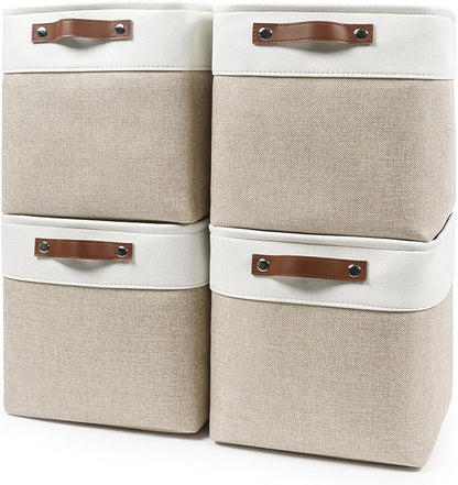 Collapsible Fabric Storage Cubes 11x11 Cube Storage Bins, 4 Pack Closet Baskets Box with Handles for Organizing, Shelf, Toys, Clothes, Home, Office, Nursery (Beige&White)