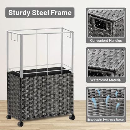 70L Slim Laundry Hamper with Lid & Wheels, Rolling Laundry Basket with 2 Removable Liner Bags & 3 Mesh Bags, Narrow Dirty Clothes Basket, Foldable Handwoven Rattan Laundry Sorter, Grey