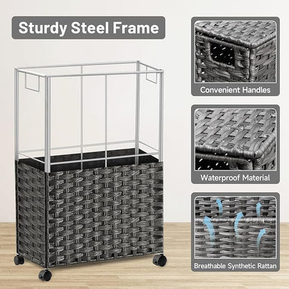 70L Slim Laundry Hamper with Lid & Wheels, 2-Park Rolling Laundry Basket with 4 Removable Liner Bags & 3 Mesh Bags, Narrow Dirty Clothes Basket, Foldable Handwoven Rattan Laundry Sorter, Grey