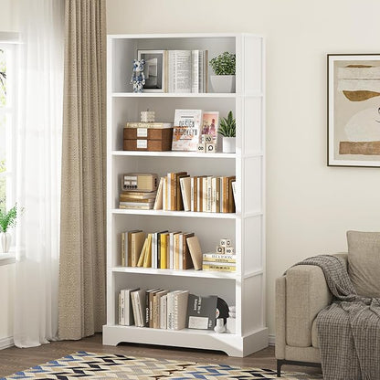 TVU 5-Shelf Wood Bookcase, 65 Inch Tall Bookshelf with Storage, Floor Standing Display Book Shelf，for Living Room Bedroom Study Office, White