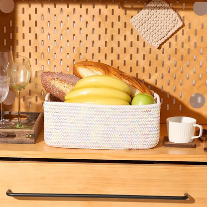 Small Storage Baskets for Organizing | Closet Organizer Bins | Shelf Toy Basket | Woven Rope Baskets | Cube Decorative Box | Shallow Basket | 13x8.5x5.1” | 3 Packs Rainbow