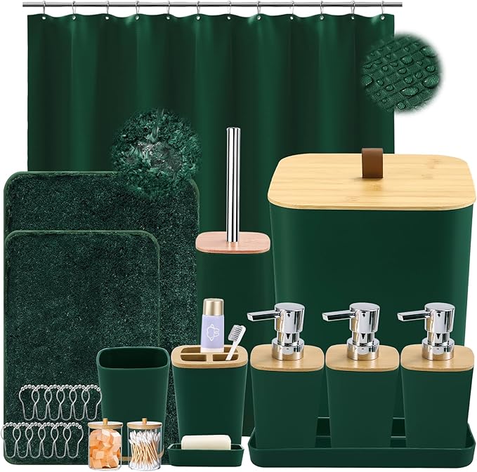 Bathroom Sets with Shower Curtain and Rugs, 27PCS Dark Green Bathroom Accessories Set with Trash Can, Green Shower Curtain Set, No Slip Super Absorbent Bathroom Rugs