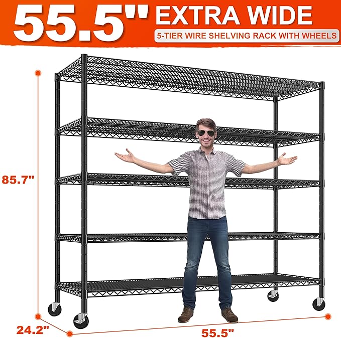REIBII 85.7" H Storage Shelves 2998LBS Metal Shelving Unit with Wheels & Feet, 5 Tier Garage Shelving Heavy Duty Adjustable Wire Shelf for Pantry Kitchen Garage, 85.7" H X 55.5" W X 24.2" D, 2PCS