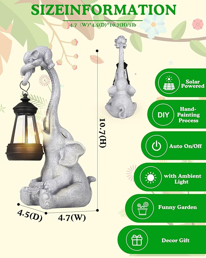 Solar Garden Statues Outdoor Decor- Yard Decorations for Patio, Balcony, Backyard, Lawn Ornaments - Elephants Figurines with LED Light- Unique Birthday House Warming Gifts for Women, Mom, Grandma