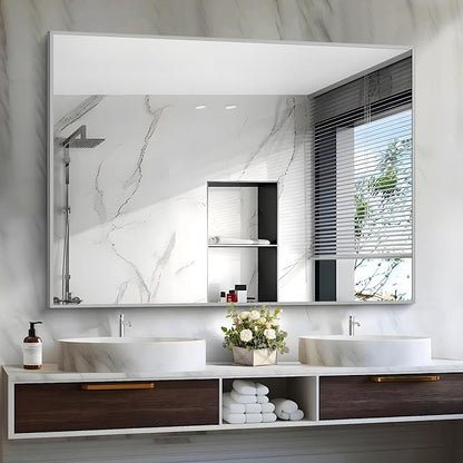 Silver Bathroom Mirror, 48"X36" Rectangle Mirrors for Wall Metal Frame, Bathroom Rectangular Mirror Modern Wall Mirror for Bedroom Living Room, Hangs Horizontal or Vertical