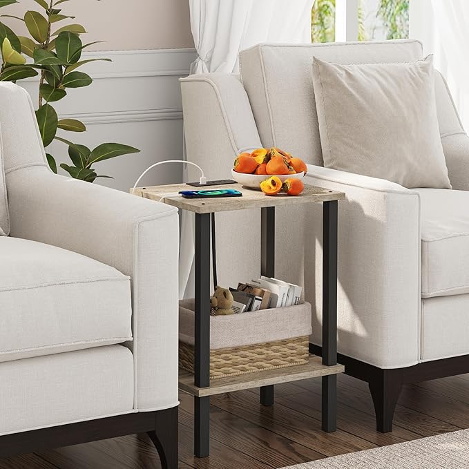 TUTOTAK End Table with Charging Station, Set of 2, Small Side Table, Nightstand Bedside Table, 2-Tier Storage Shelf for Small Space, Living Room, Bedroom Greige V1TB01BG041