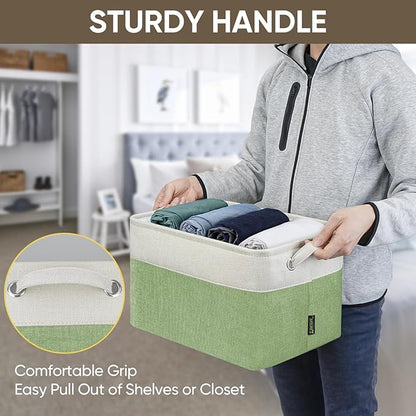 BALEINE 3 Pack Fabric Storage Bins for Shelves, Linen Storage Baskets for Organizing, Decorative Closet Bins for Clothes, Home (Green, 15''x11''x9.5'')