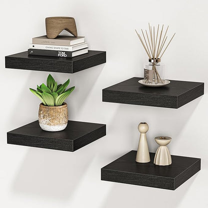 Square Floating Shelves for Wall, 8" W x 8" D x 1.2" H, Small Wooden Wall Mounted Display Shelves with Invisible Brackets for Living Room, Bedroom, Bathroom, Kitchen Decor, Set of 4, Black