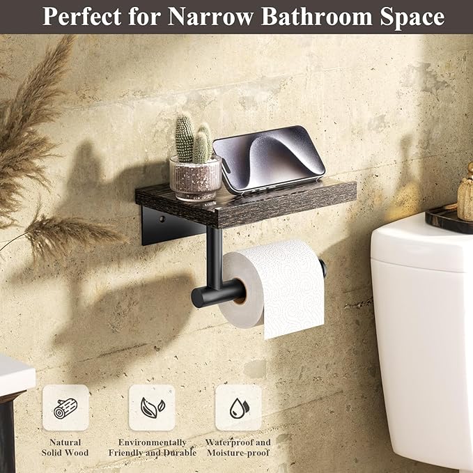 Tindbea Toilet Paper Holder with Wood Shelf, Wooden Wall Mount Tissue Paper Roll Holder, Matte Black Stainless Steel Bathroom Accessories Decor for Household Home Apartment Restroom Essential (Wenge)