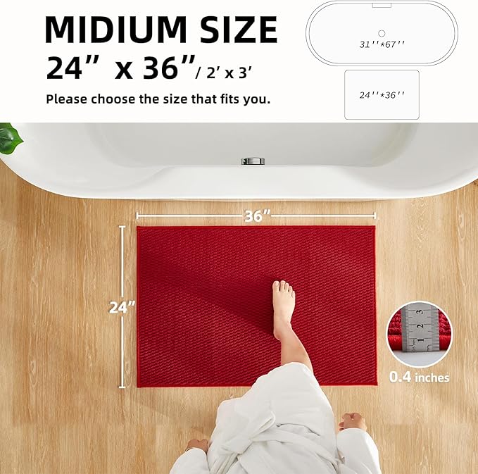 Bathroom Rugs Non Slip Washable, Super Absorbent Thin Bath Mat Quick Dry Low Pile Bathroom Rug, Red 24"x36"