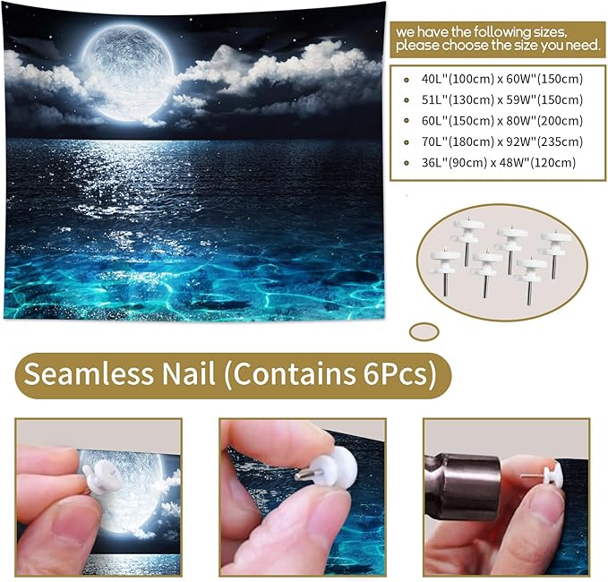 LB Moon Over Ocean Tapestry, Night Sky Tapestry Wall Hanging,3D Fantasy Psychedelic Watercolor Wall Art for Bedroom Living Room Dorm Home Decor,48 x 36 Inches