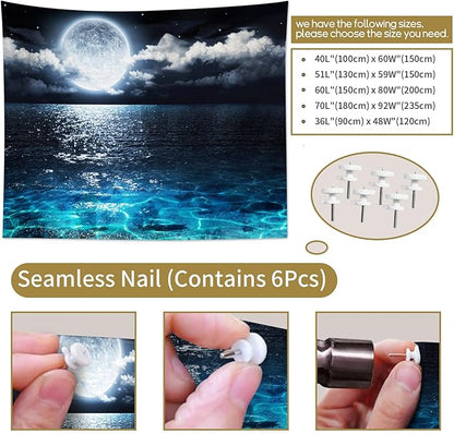 LB Moon Over Ocean Tapestry, Night Sky Tapestry Wall Hanging,3D Fantasy Psychedelic Watercolor Wall Art for Bedroom Living Room Dorm Home Decor,48 x 36 Inches