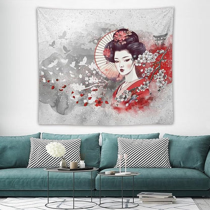 Japanese Geisha Tapestry Asian Red Cherry Blossom Traditional Kimono Folk Tapestries Home Decor for Living Room Bedroom Apartment Farmhouse Dorm 60"x50"