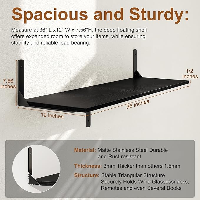 36 Inch Black Floating Shelves Wall Mounted, 12 Inch Deep Wall Shelves with Visible Brackets, Deep Bookshelf for Home, Rustic Bathroom Shelf, Deep Shelves for Plant, Books, Set of 2