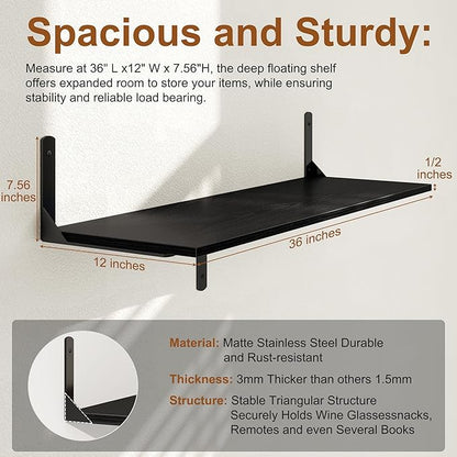 36 Inch Black Floating Shelves Wall Mounted, 12 Inch Deep Wall Shelves with Visible Brackets, Deep Bookshelf for Home, Rustic Bathroom Shelf, Deep Shelves for Plant, Books, Set of 2