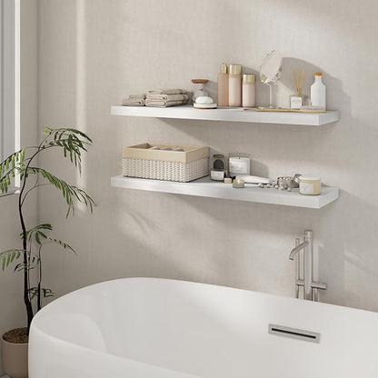 40 Inch Floating Shelves Set of 2, 8 Inch Deep Wall Shelf, Rustic Wood Storage Shelves for Bedroom, Kitchen, Bathroom, Wall-Mounted Shelf with Invisible Brackets for Books|Storage, White