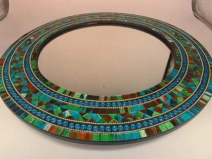 Mosaic Mirror, Wall Art Décor – Handcrafted Decorative Wall Mirror, Autumn Green, Deep Blue, and Brown Round Mosaic