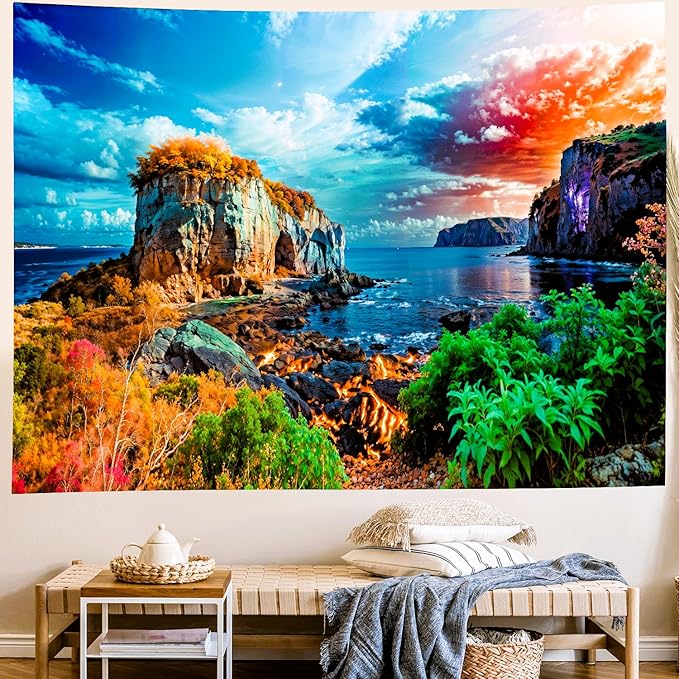 Delur Coastal Ocean Beach Tapestry Tropical Forest Tree Sunrise Sea Landscape Tapestry Wall Hanging Wave Sunset Nature Colorful Spiritual Headboard for Bedroom Living Room Home Decor (59.1" x 78.7")