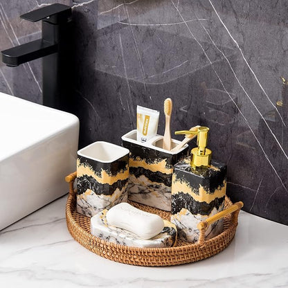 4 Piece Bathroom Accessories Set - Black and White Includes Lotion Dispenser, Toothbrush Holder Tumbler, and Soap Dish - Glossy Finish (Marble, Black, and White)