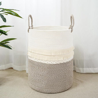 danpinera 79 L Large Laundry Basket, Tall Woven Cotton Storage Hamper with Handles, Dirty Clothes Hamper in Bathroom, Decorative Storage Basket for Living Room White & Brown