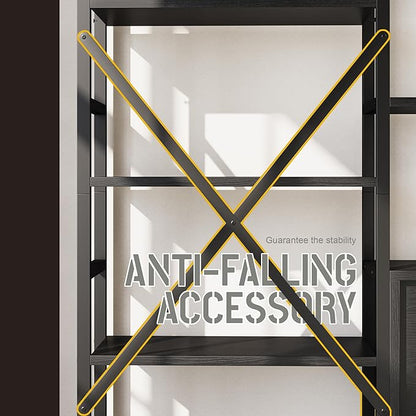 70 x70 Triple 5 Tier Book Shelf, Industrial Large Bookcase with Storage Cabinet, Tall Bookshelf with 14 Open Display Shelves Metal Frame Furniture for Living Room Bedroom Home Office Black