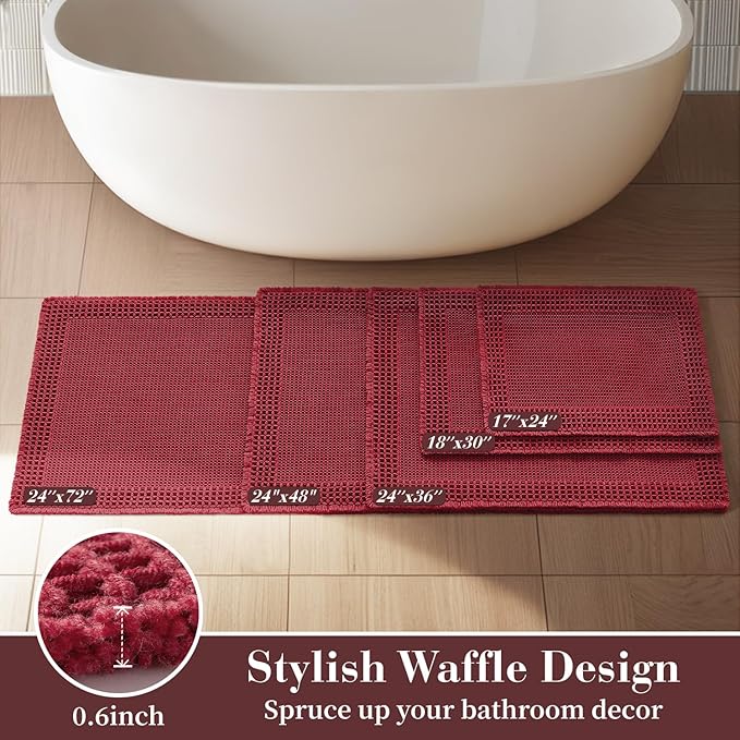 RESARE Waffle Bath Mat for Bathroom, Super Absorbent Bathroom Rugs Non Slip Machine Washable, Ultra Soft Quick Dry Boho Bath Rugs with Tassels for Floor, Upgraded Bordered Design, 17"x24" Red