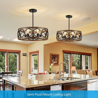 XINGQI 21.7'' Modern Chandelier, Farmhouse Drum Chandeliers for Dining Room Living Room Bedroom 5-Light Pendant Lighting Round Black Metal Antique Wood Grain Finish Adjustable