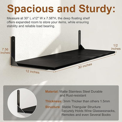 30" W x 12" D Black Floating Shelves for Wall, Deep Wall Shelves with Visible Bracket for Books, Plant, Large Deep Bathroom Shelf for Storage & Display, Set of 2