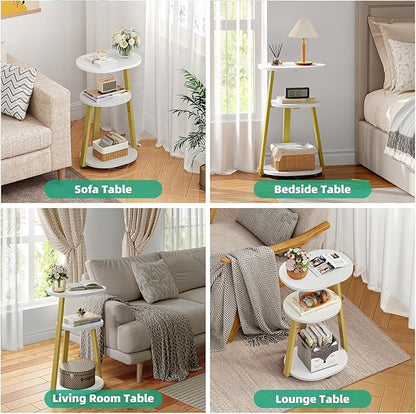 Side Table, Small End Table with Metal Frame, 3-Tier Bedside Tables, Round Side Tables for Living Room Bedroom Couch Bathroom, Oval, White