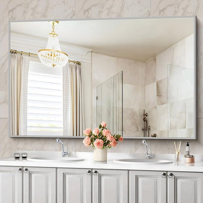 36x55inch Bathroom Mirror, Silver Rectangle Mirror with Thin Metal Frame, Large Rectangular Wall Mirrors for Bathroom, Living Room, Hair Salon, Big Mirror Hang Horizontal/Vertical