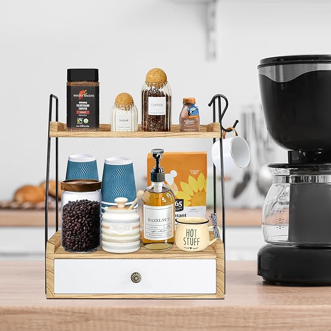 2 Tier Bathroom Counter Organizer with Drawer, Wood Bathroom Storage Shelf Counter for Cosmetic Vanity Tray Kitchen Spice Rack Coffee Station Organizer, Bathroom Decor