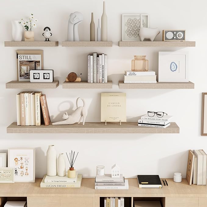 16 Inch Floating Shelves, 3D Textured Wood Grain, 16"x9.25"x1.5" Inch Deep Floating Shelves for Wall, Wooden Shelves for Bathroom, Bedroom, Living Room, Vintage White Oak, 2 Pieces