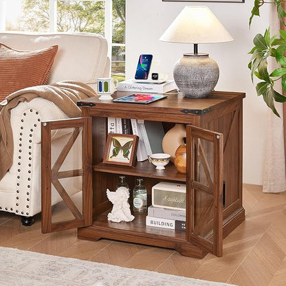 24" End Table with Charging Station, Farmhouse Night Stand with Glass Barn Door, Green Nightstands with Adjustable Storage Shelf, Large Wood Square Bed Side Table for Living Room, Bedroom