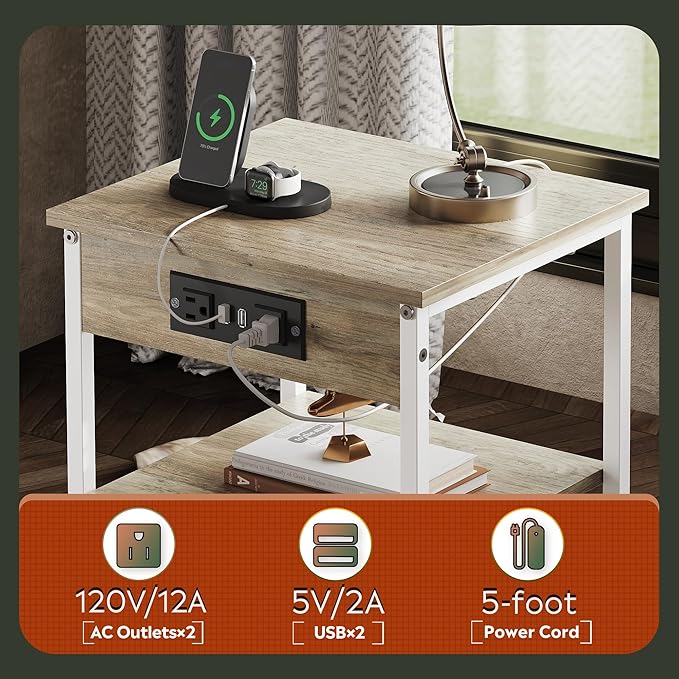 WLIVE Side Table with Charging Station and USB Ports, Small End Tables for Small Spaces, 3-Tier Nightstand with Adjustable Shelf, Bedside Tables, Living Room, Bedroom, Greige
