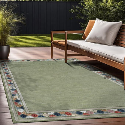 Beverly Rug Outdoor Rug 9x12 Modern Bordered Large Area Rugs for Indoor and Outdoor Patio Easy to Clean Non Shedding Living Room Porch Garden Washable Outside Carpet (9 x 12 Green)