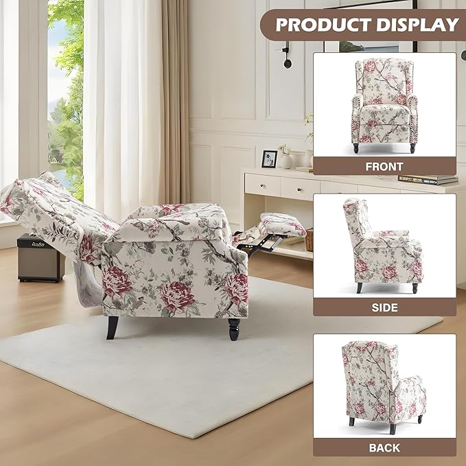 UIXE Pushback Recliner Chair, Fabric Upholstered Armchair Push Back Accent Chair for Living Room, Rivet Trim Home Theater Single Sofa Bedroom Reading Seat with Footrest - Beige Plants