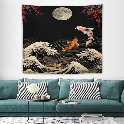 Houselerax Koi Fish Tapestry, Japanese Style Yin Yang Big Wave Cherry Blossom Tapestries Wall Hanging for Bedroom Living Room Office Decor 60"x50"