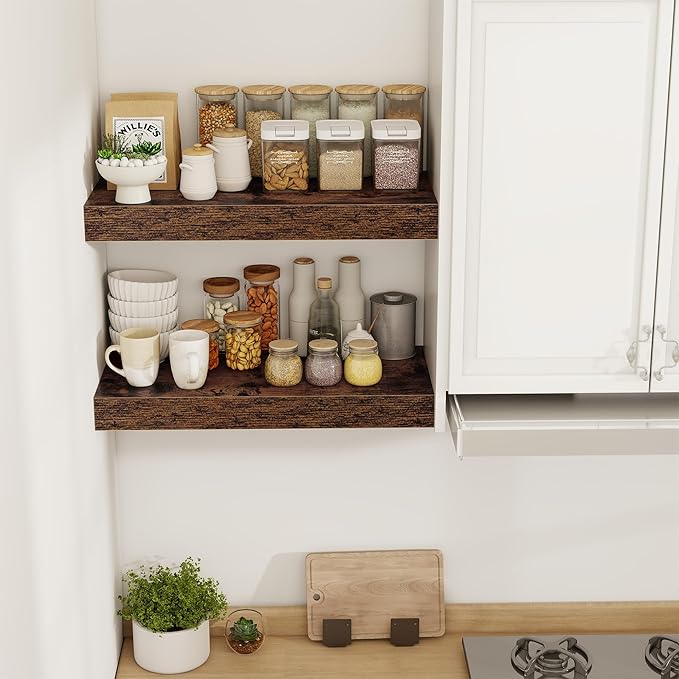 24 Inch Floating Shelves, 12" Deep Floating Shelf Wall Mounted, 24" Wall Shelves, Rustic Deep Bookshelf, Extra Deeper & Thicker Display Shelves for Bedroom, Living Room, Brown, Set of 2