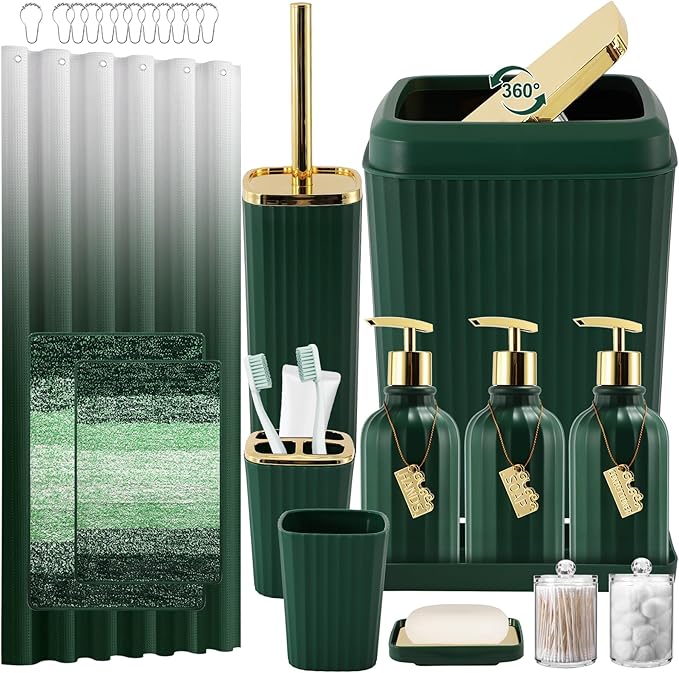 32PCS Bathroom Set Bathroom Sets with Shower Curtain and Rugs Hunter Green Bathroom Accessories,Shower Curtain Set,Bathroom Rug Set with Bathroom Trash Can