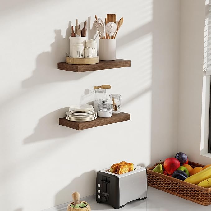 16 Inch Floating Shelves, 8 Inch Deep Floating Shelves for Wall, Hanging Shelf with Invisible Brackets, Deep Shelves for Bathroom, Bedroom, Living Room, Walnut, Set of 2