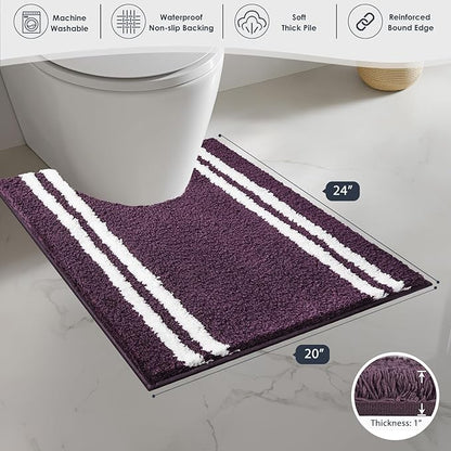 PURRUGS Bathroom Rug Non-Slip Machine Washable 20" x 24" U-Shaped, Super Absorbent and Quick Dry Shaggy Microfiber Bath Mat, Extra Soft and Plush Contour Rug for Toilet Base, Purple