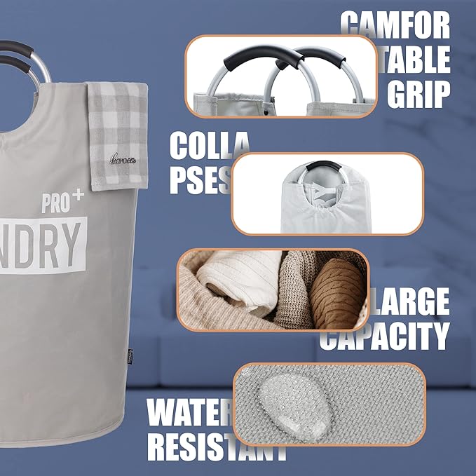 Caroeas Super Large 150L Laundry Basket Pro, Waterproof Laundry Hamper, Collapsible Laundry Basket Easy Storage, Clothes Hamper Stands Up Well, Laundry Bag with Padded Handles (Light Grey)